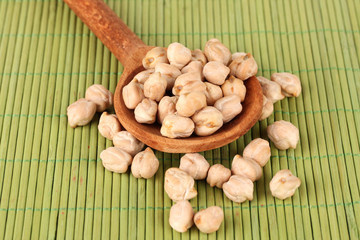 White chickpeas over  wooden spoon on color background