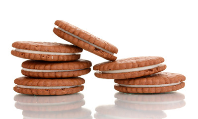 Chocolate cookies with creamy layer isolated on white