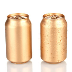 Aluminum cans with water drops isolated on white