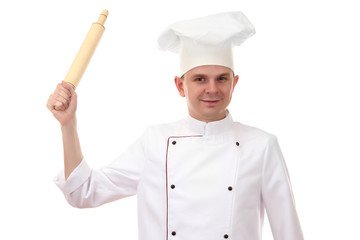 portrait of chef with rolling pin isolated on white