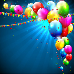 Colorful birthday balloons on blue background