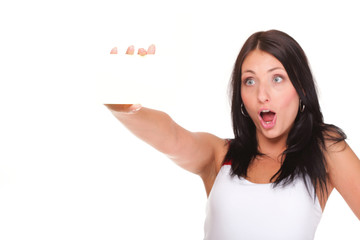 Gift card. Excited woman showing empty blank paper card sign