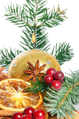 Candle with fir branch and christmas decoration