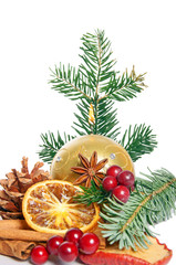 Candle with fir branch and christmas decoration