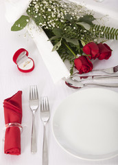 Ring in gift box on celebratory table of Valentine's Day 