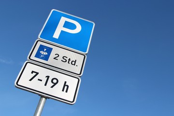 Deutsches Verkehrszeichen: Parken mit Parkscheibe, zeitliche Beschränkung 7 - 19 Uhr