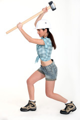 Woman with helmet and harness