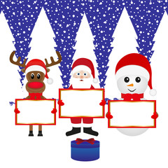 Snowman, Santa Claus, reindeer with banners and present forest
