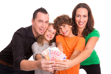 Obraz premium Familie freut sich über Familienbeihilfe. Gewinner von Geld aus Impflotterie