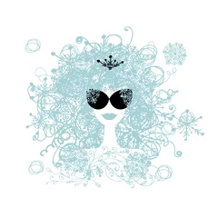 Abwaschbare Fototapete Frauengesicht Stilisierte Frauenfrisur mit Schneeflocke. Winterkonzept