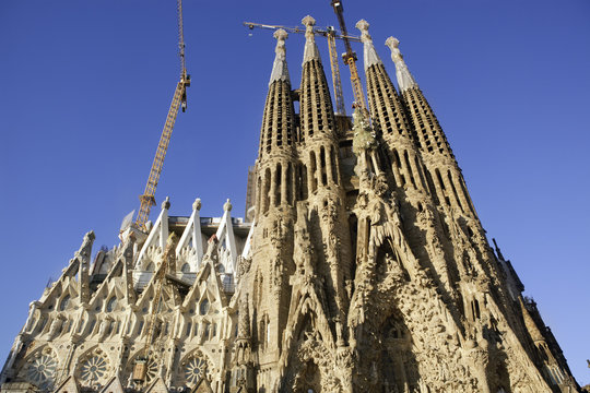 Sagrada Familia, Nativity Façade, low-angle. Barcelona