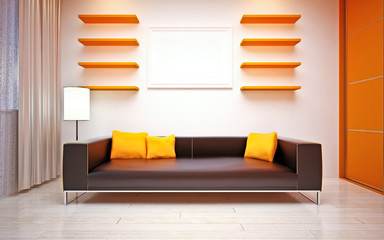 Modern living roomin bright orange shades