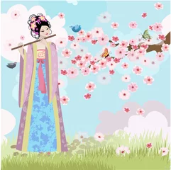 Garden poster Flowers women Beautiful Oriental girl near cherry blossoms