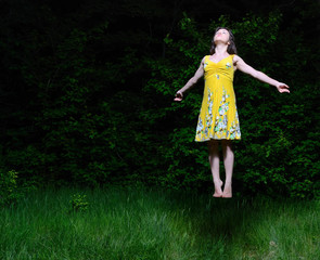 The girl flies in the night wood