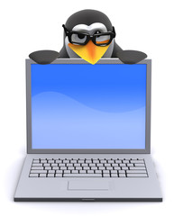 Penguin peeps over the top of laptop