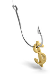 Fishing hook with golden symbol of dollar