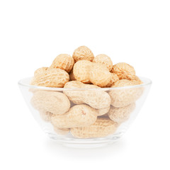 Bowl with peanuts in the shell isolated on white background