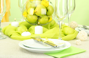 beautiful holiday table setting with apples, close up