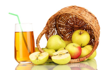 Useful apple juice with apples around in basket isolated
