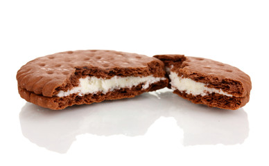 Chocolate cookies with creamy layer isolated on white