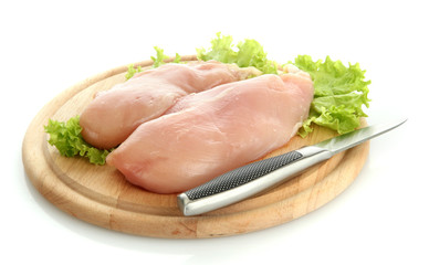 raw chicken meat on cutting board, isolated on white
