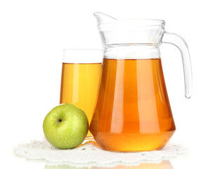 Full glass and jug of apple juice and apples isolted on white