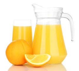 Full glass and jug of orange juice and oranges isolated on
