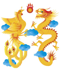 Dragon and Phoenix with Clouds Illustration