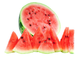 Half of watermelon with juicy slice, isolated.