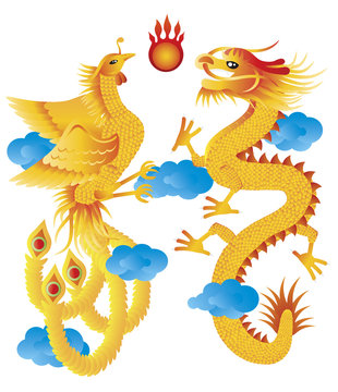 Dragon and Phoenix with Clouds Illustration