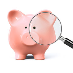 Piggy bank with magnifying glass