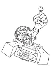 Shouting bizarre disc jockey playing electro music