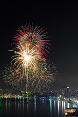 Fototapeta premium Night view and firework at Pattaya city, Thailand.