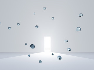 Open door in white room with drops of pure water