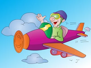 Foto auf Acrylglas Mann fliegt ein Flugzeug, Illustration © Morphart