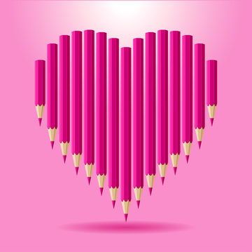 Heart of pink pencils. Vector background Valentine's Day.