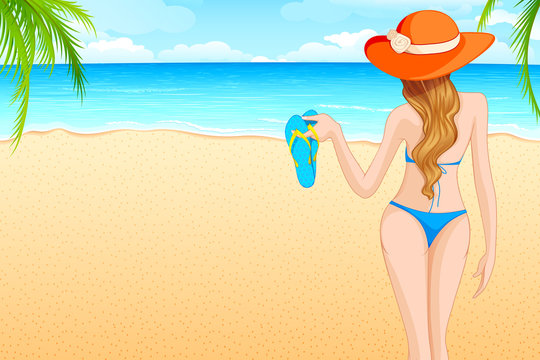 vector illustration of lady walking on sea beach