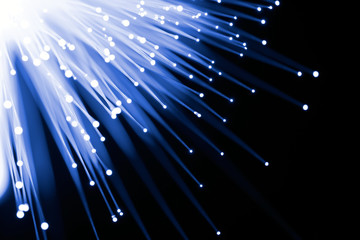 Fiber optics in blue tones on black background, selective focus