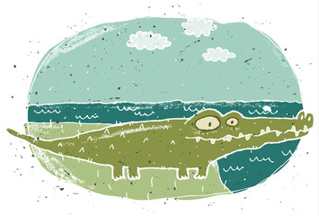 Naklejka premium Hand drawn grunge illustration of cute crocodile