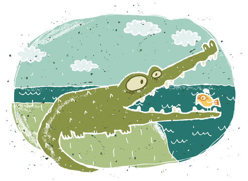 Hand drawn grunge illustration of cute crocodile