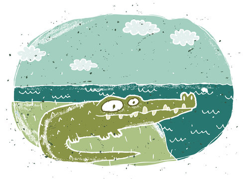 Hand drawn grunge illustration of cute crocodile