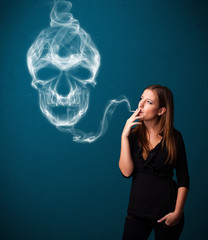 Young woman smoking dangerous cigarette with toxic skull smoke