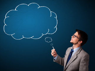 Young man smoking cigarette with idea cloud