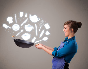 Young woman with kitchen accessories icons
