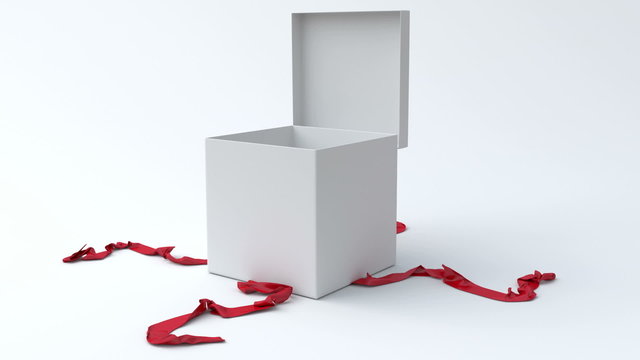 White gift box with red ribbon opening