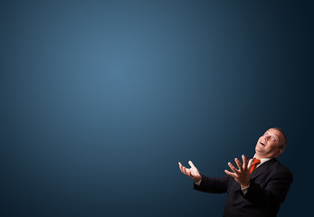 funny businessman gesturing with copy space