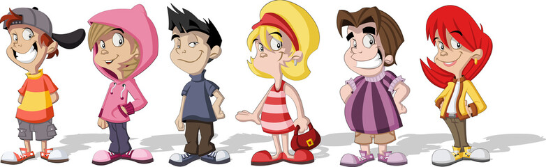Group of six cartoon children