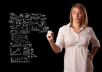 Woman drawing business scheme and icons on whiteboard
