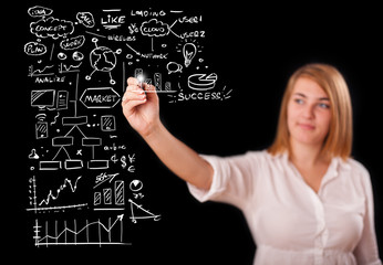 Woman drawing business scheme and icons on whiteboard