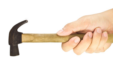 Hammer in hand on white background